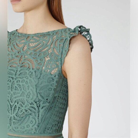Reiss Herrera Cap Sleeve Lace Dress green fit and flare knee length ruffle 0 - Picture 9 of 16